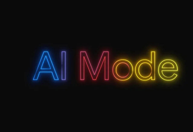 Inscription AI Mode en néon multicolore sur fond noir