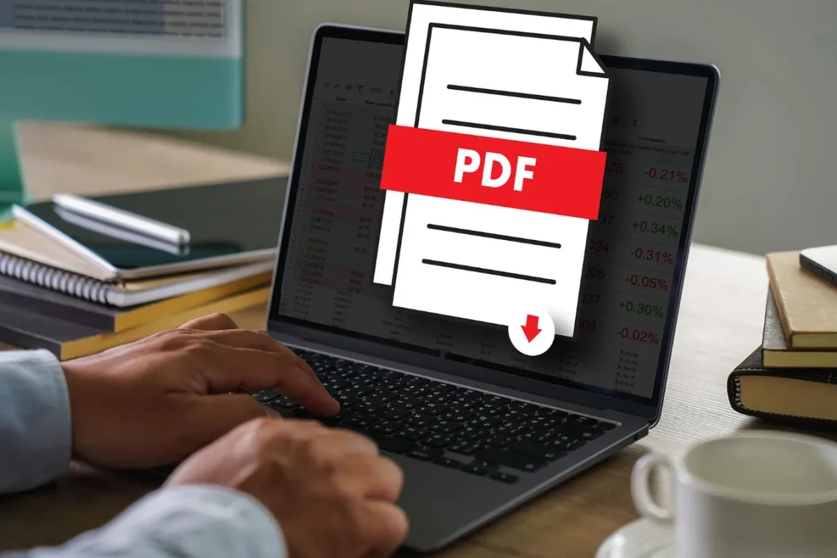 Personne travaillant sur un ordinateur portable, avec une icône de document PDF en surimpression
