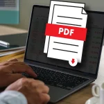 Personne travaillant sur un ordinateur portable, avec une icône de document PDF en surimpression