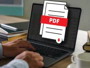 Personne travaillant sur un ordinateur portable, avec une icône de document PDF en surimpression