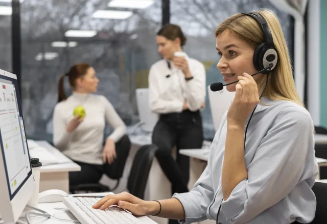 Conseillère en casque à son poste dans un centre de contacts, collègues en arrière-plan