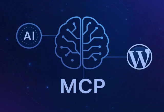 Schéma reliant un cerveau stylisé aux logos de l’IA et de WordPress autour du sigle MCP