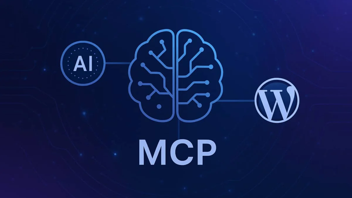 Schéma reliant un cerveau stylisé aux logos de l’IA et de WordPress autour du sigle MCP