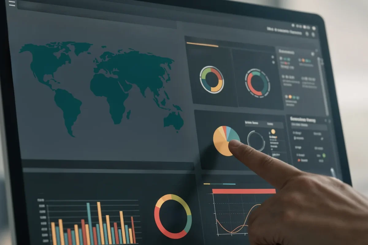 Doigt pointant un graphique sur un écran de tableau de bord avec carte du monde et indicateurs