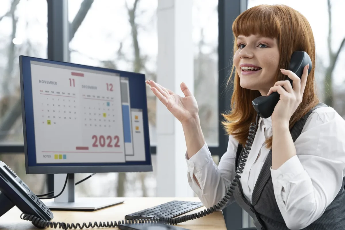 Femme au téléphone devant un écran affichant un calendrier de rendez-vous