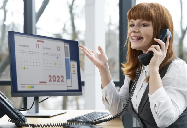 Femme au téléphone devant un écran affichant un calendrier de rendez-vous