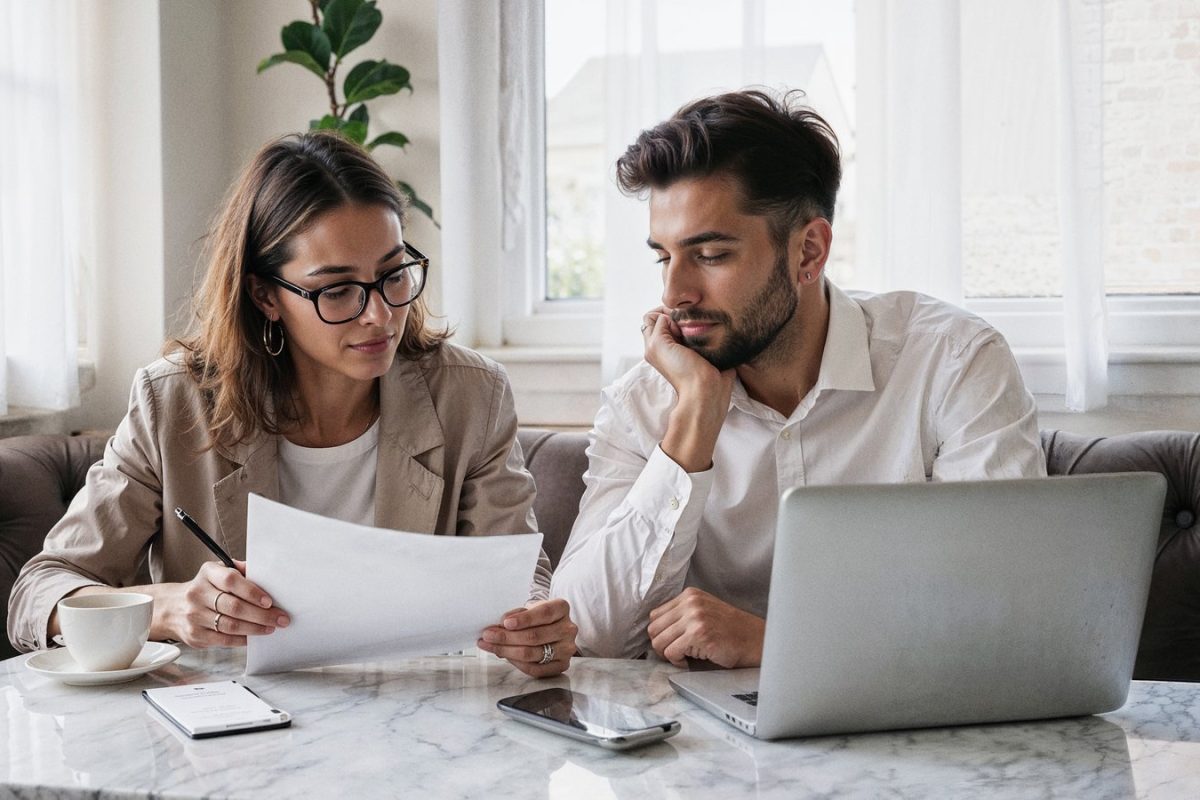 Deux collaborateurs examinant un document de recouvrement devant un ordinateur portable, illustration du recouvrement de créances par IA