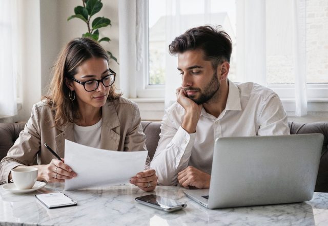Deux collaborateurs examinant un document de recouvrement devant un ordinateur portable, illustration du recouvrement de créances par IA