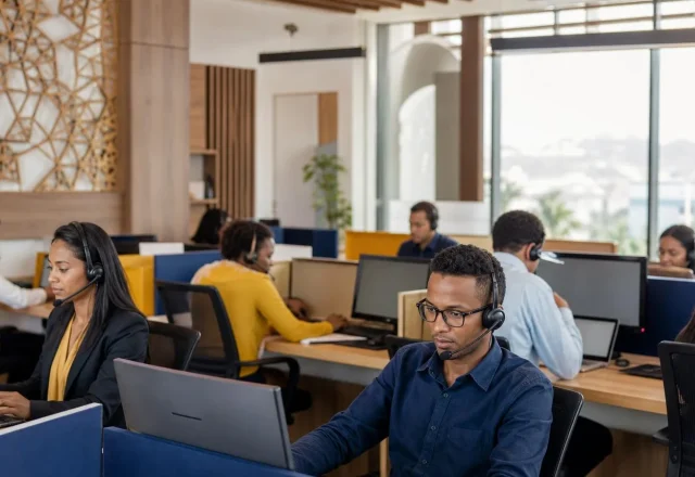 Conseillers équipés de casques travaillant sur leurs postes informatiques dans un centre de contacts lumineux