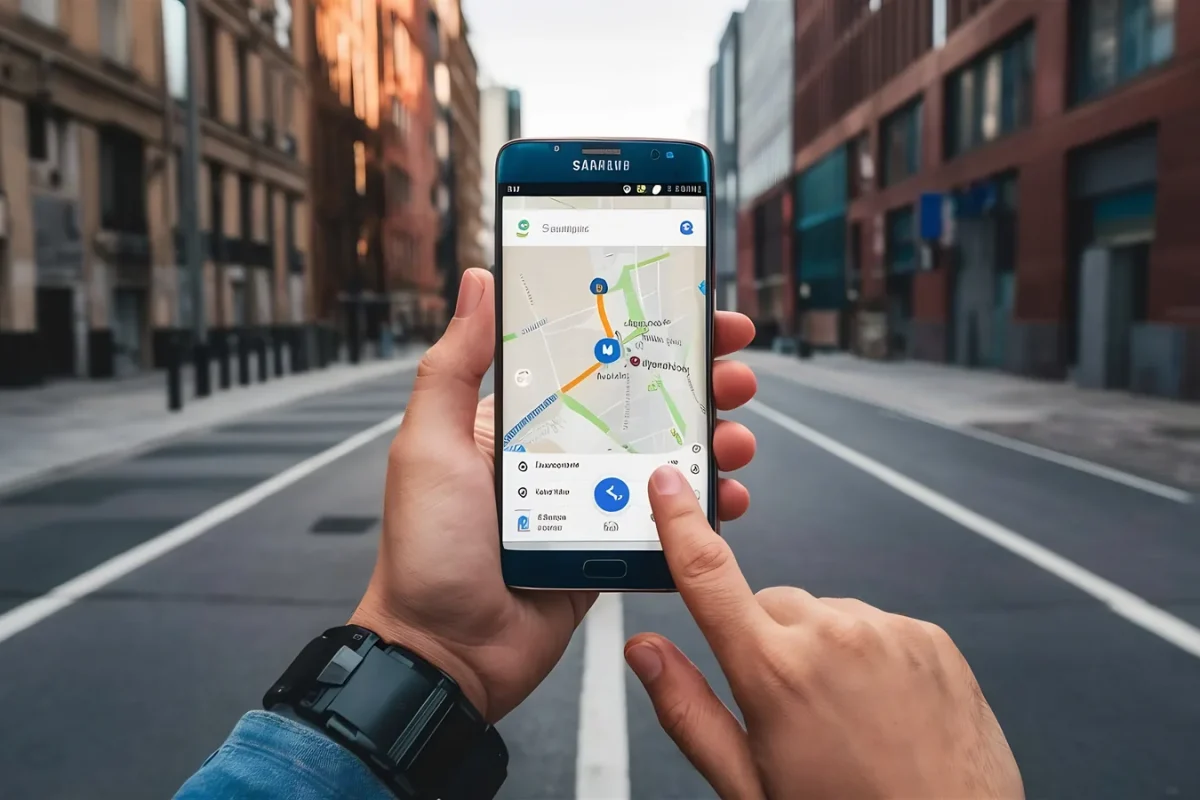 Main tenant un smartphone qui affiche un itinéraire sur une carte, au milieu d'une rue en ville