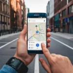 Main tenant un smartphone qui affiche un itinéraire sur une carte, au milieu d'une rue en ville