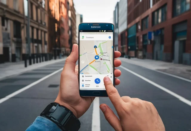 Main tenant un smartphone qui affiche un itinéraire sur une carte, au milieu d'une rue en ville