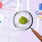 Illustration d’une fiche Google d’établissement sur une carte, avec une loupe et un pictogramme d’avis clients