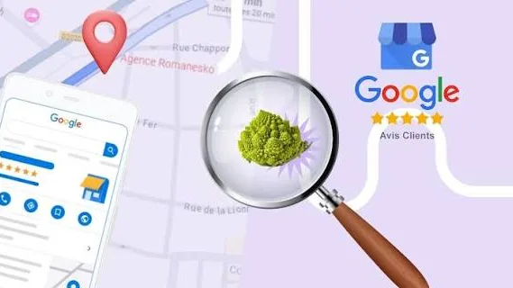 Illustration d’une fiche Google d’établissement sur une carte, avec une loupe et un pictogramme d’avis clients