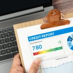 Rapport de crédit annoté au stylo devant un ordinateur portable, illustration de l’analyse de la solidité financière d’un prestataire BPO