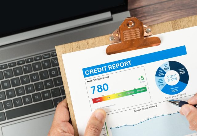 Rapport de crédit annoté au stylo devant un ordinateur portable, illustration de l’analyse de la solidité financière d’un prestataire BPO