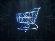 Caddie d’achat dessiné en lignes lumineuses bleues sur fond sombre